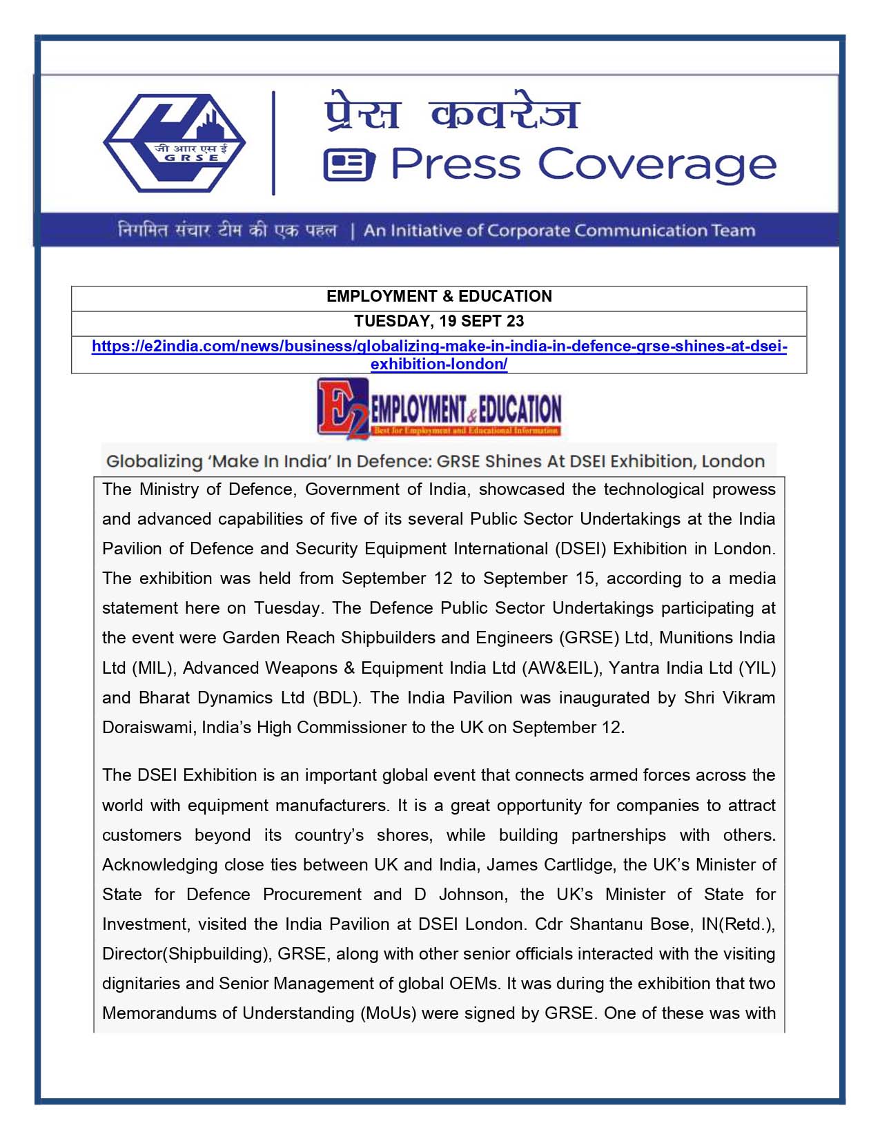 Press Coverage : Employment & Education, 19 Sep 23 : Globalizing 'Make In India' in Defence : GRSE shines at DSEI Exhibition, London